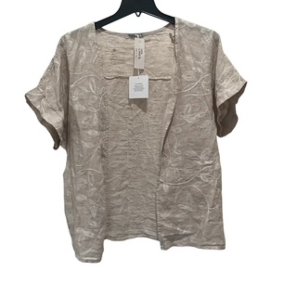 NEW‎ Valentina Naldi Linen Shirt Open Front Top Beige Women’s OSFA Embroidered